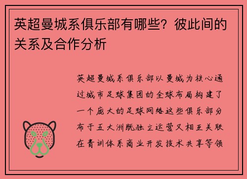 英超曼城系俱乐部有哪些？彼此间的关系及合作分析
